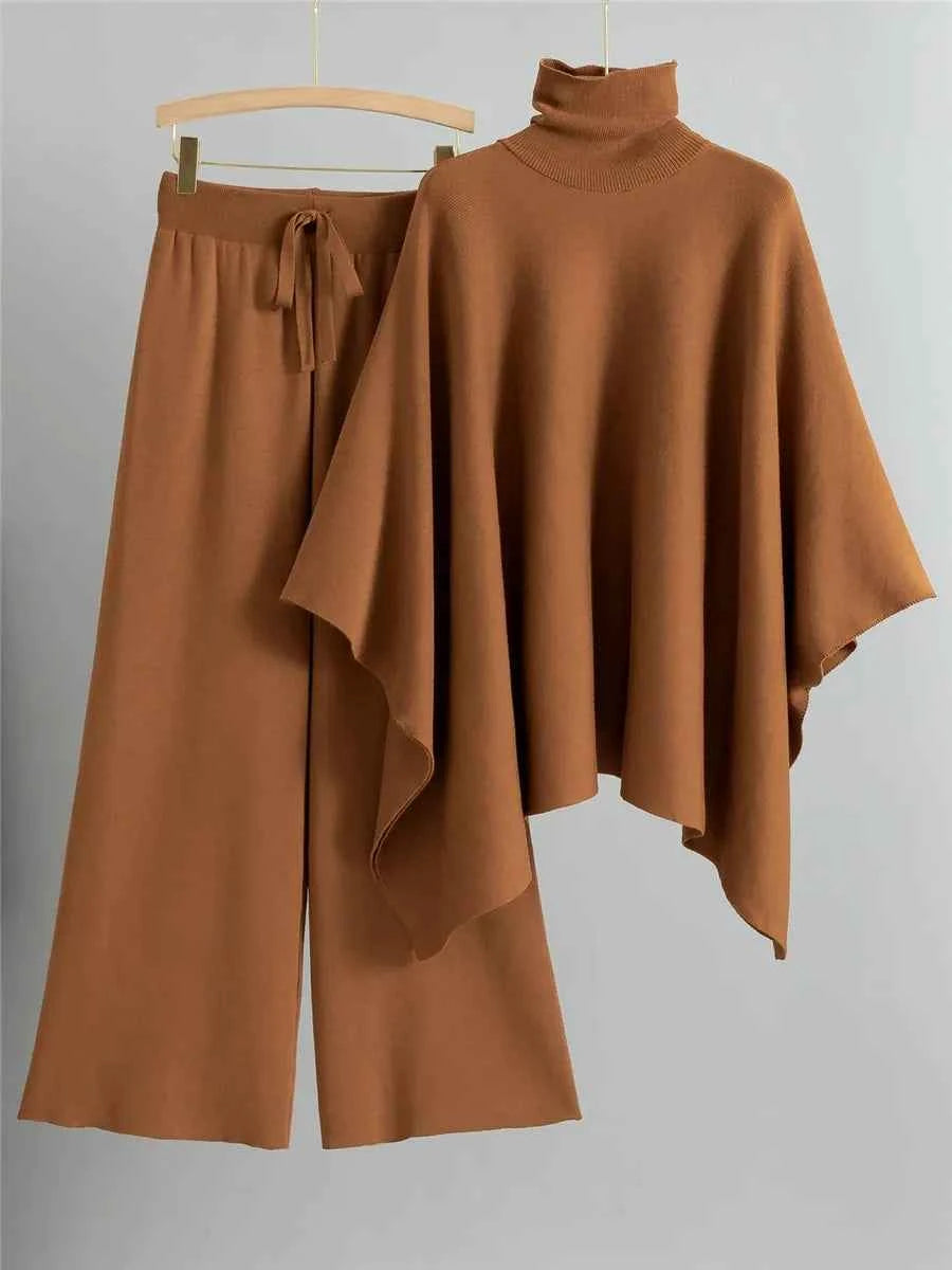 Women's Relaxed Fit Two-Piece Set – Knitted Turtleneck Cape Top & Wide-Leg Pants Brown One Size