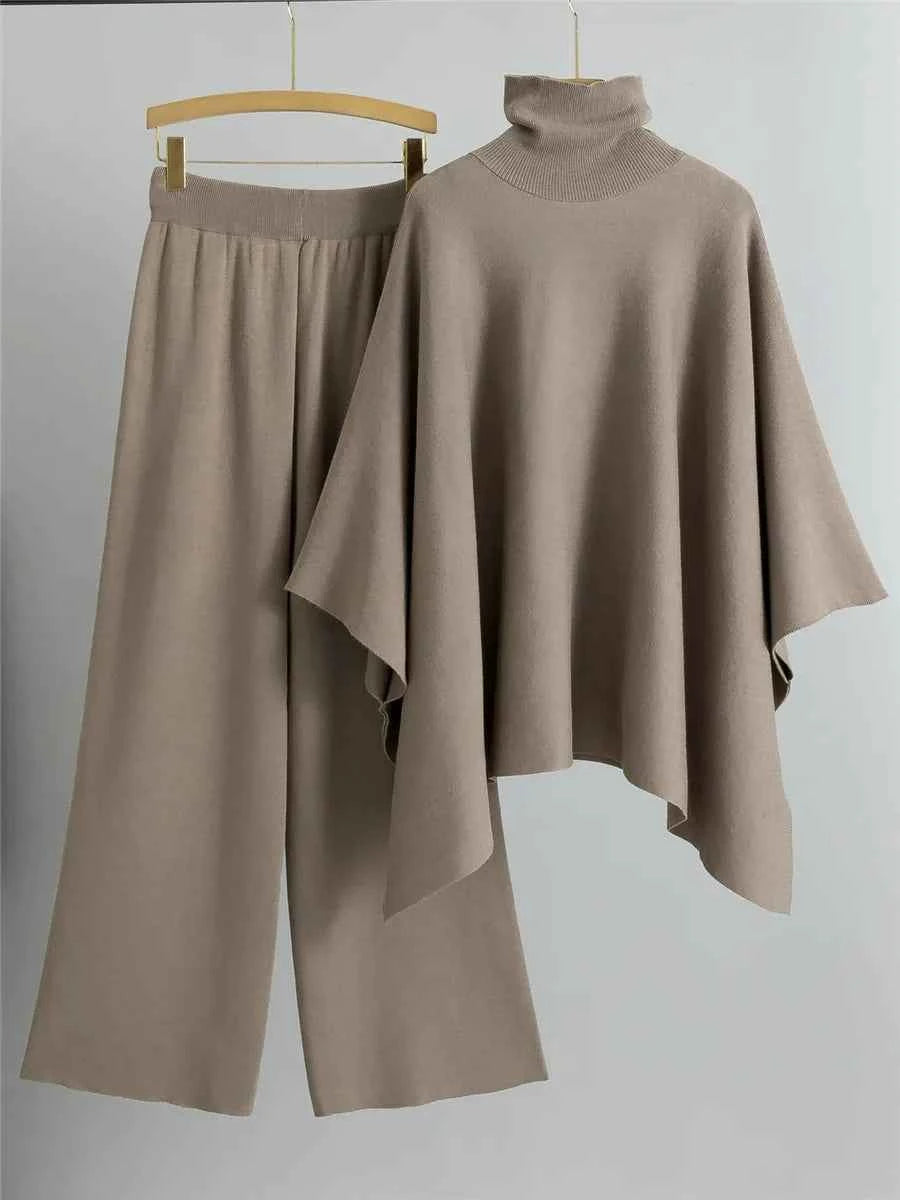 Women's Relaxed Fit Two-Piece Set – Knitted Turtleneck Cape Top & Wide-Leg Pants Camel One Size