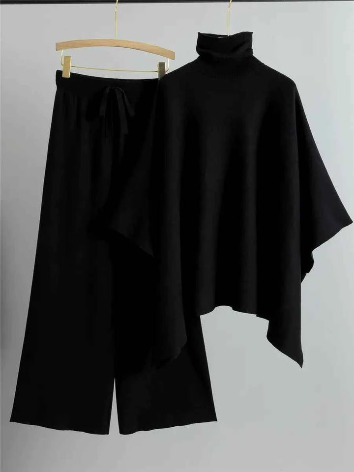 Women's Relaxed Fit Two-Piece Set – Knitted Turtleneck Cape Top & Wide-Leg Pants Black One Size