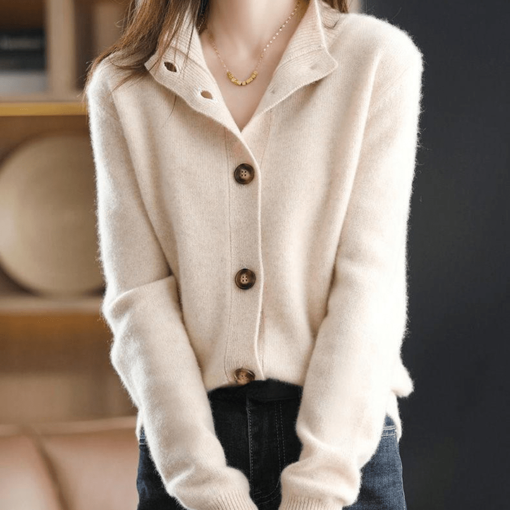 Women's Relaxed Fit V-Neck Cardigan - Wool Blend with Button Closure and Ribbed Trims