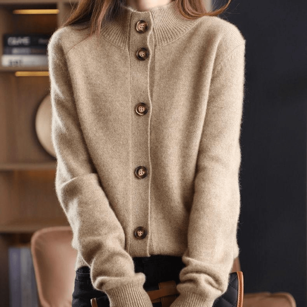 Women's Relaxed Fit V-Neck Cardigan - Wool Blend with Button Closure and Ribbed Trims