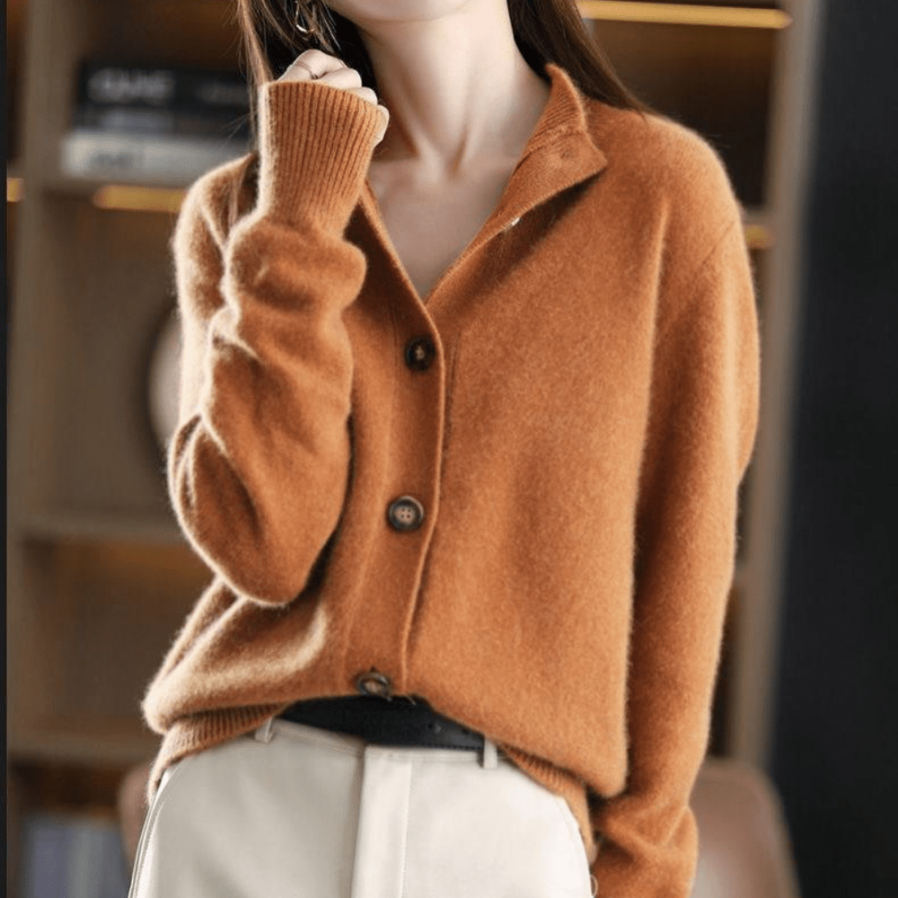Women's Relaxed Fit V-Neck Cardigan - Wool Blend with Button Closure and Ribbed Trims Orange