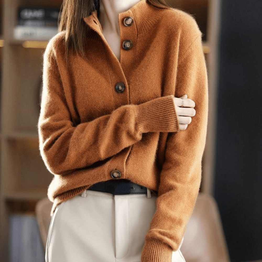 Women's Relaxed Fit V-Neck Cardigan - Wool Blend with Button Closure and Ribbed Trims