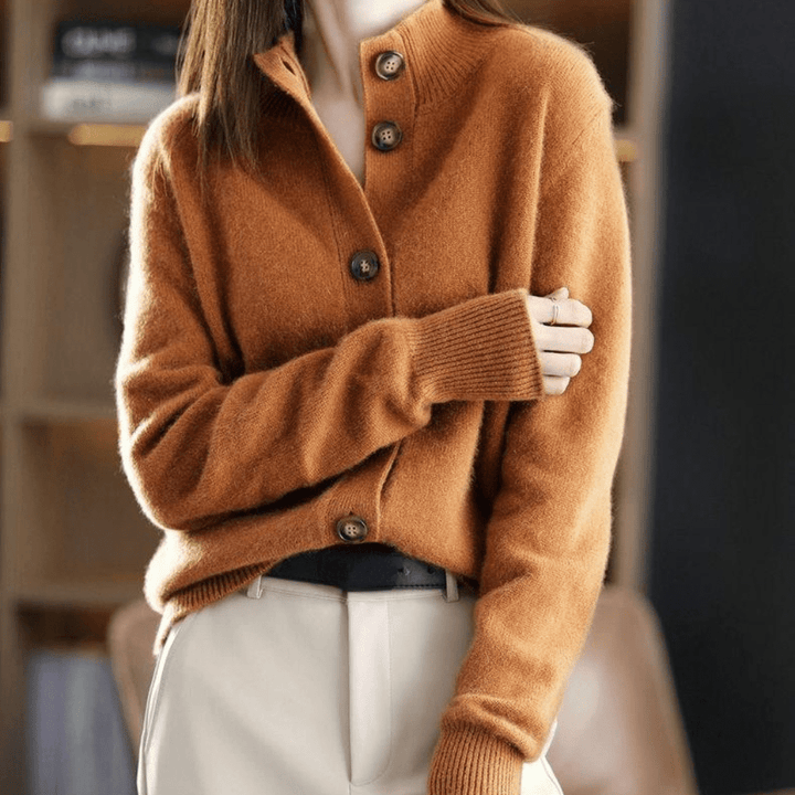 Women's Relaxed Fit V-Neck Cardigan - Wool Blend with Button Closure and Ribbed Trims