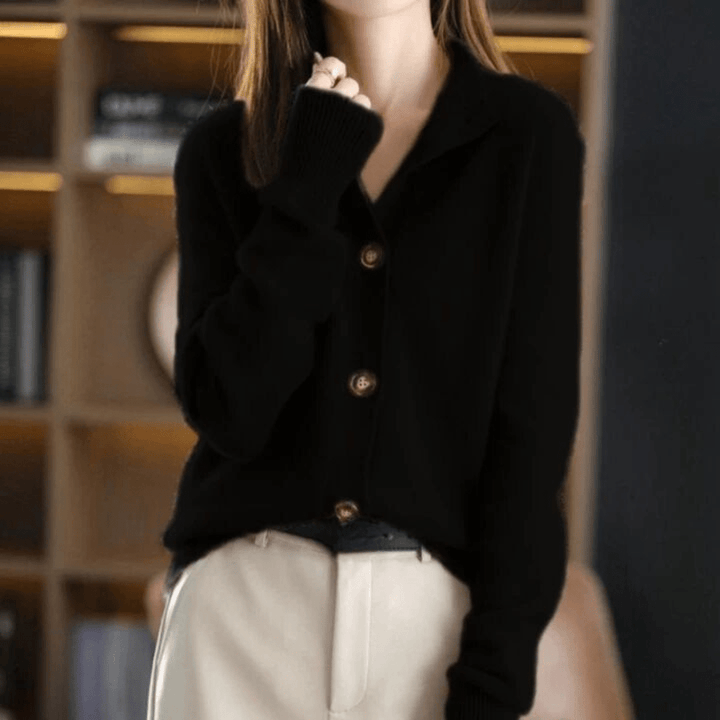 Women's Relaxed Fit V-Neck Cardigan - Wool Blend with Button Closure and Ribbed Trims Black