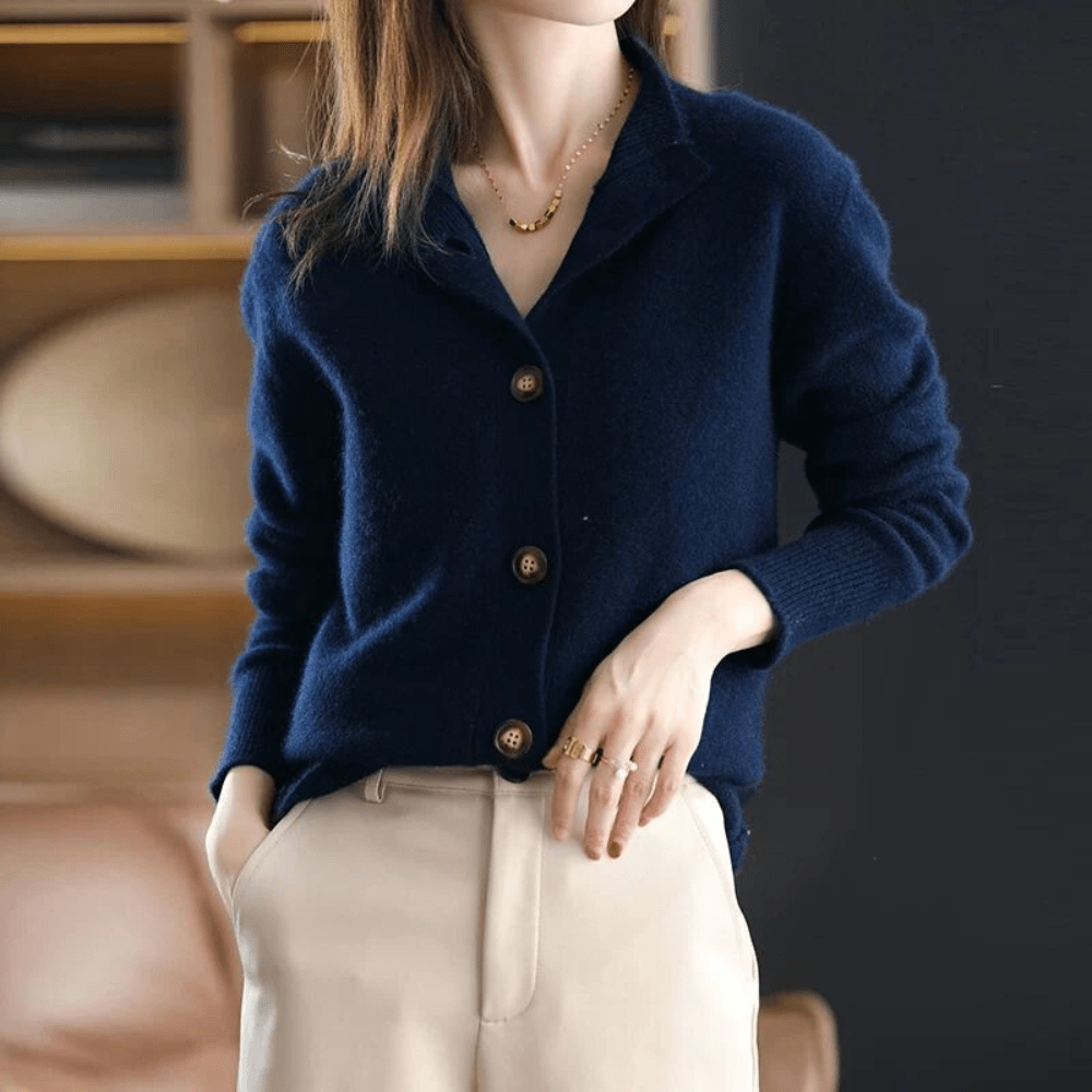 Women's Relaxed Fit V-Neck Cardigan - Wool Blend with Button Closure and Ribbed Trims