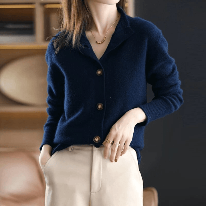Women's Relaxed Fit V-Neck Cardigan - Wool Blend with Button Closure and Ribbed Trims