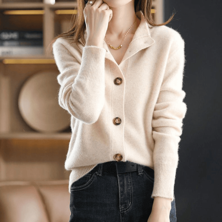 Women's Relaxed Fit V-Neck Cardigan - Wool Blend with Button Closure and Ribbed Trims Beige
