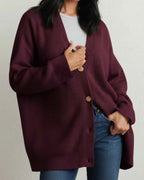 Women's Oversized V Neck Button Front Acrylic Knit Cardigan Red
