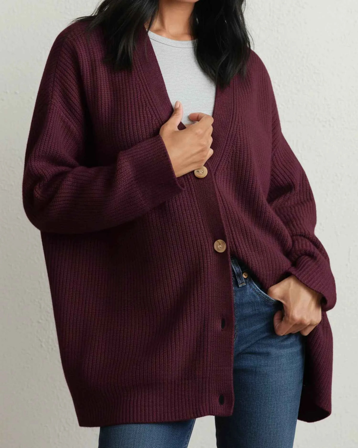 Women's Oversized V Neck Button Front Acrylic Knit Cardigan Red