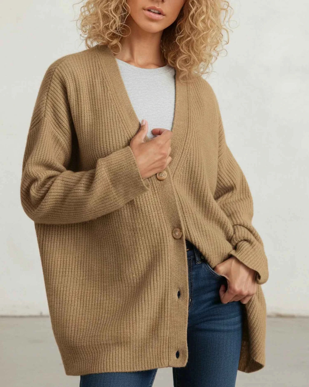 Women's Oversized V Neck Button Front Acrylic Knit Cardigan Khaki