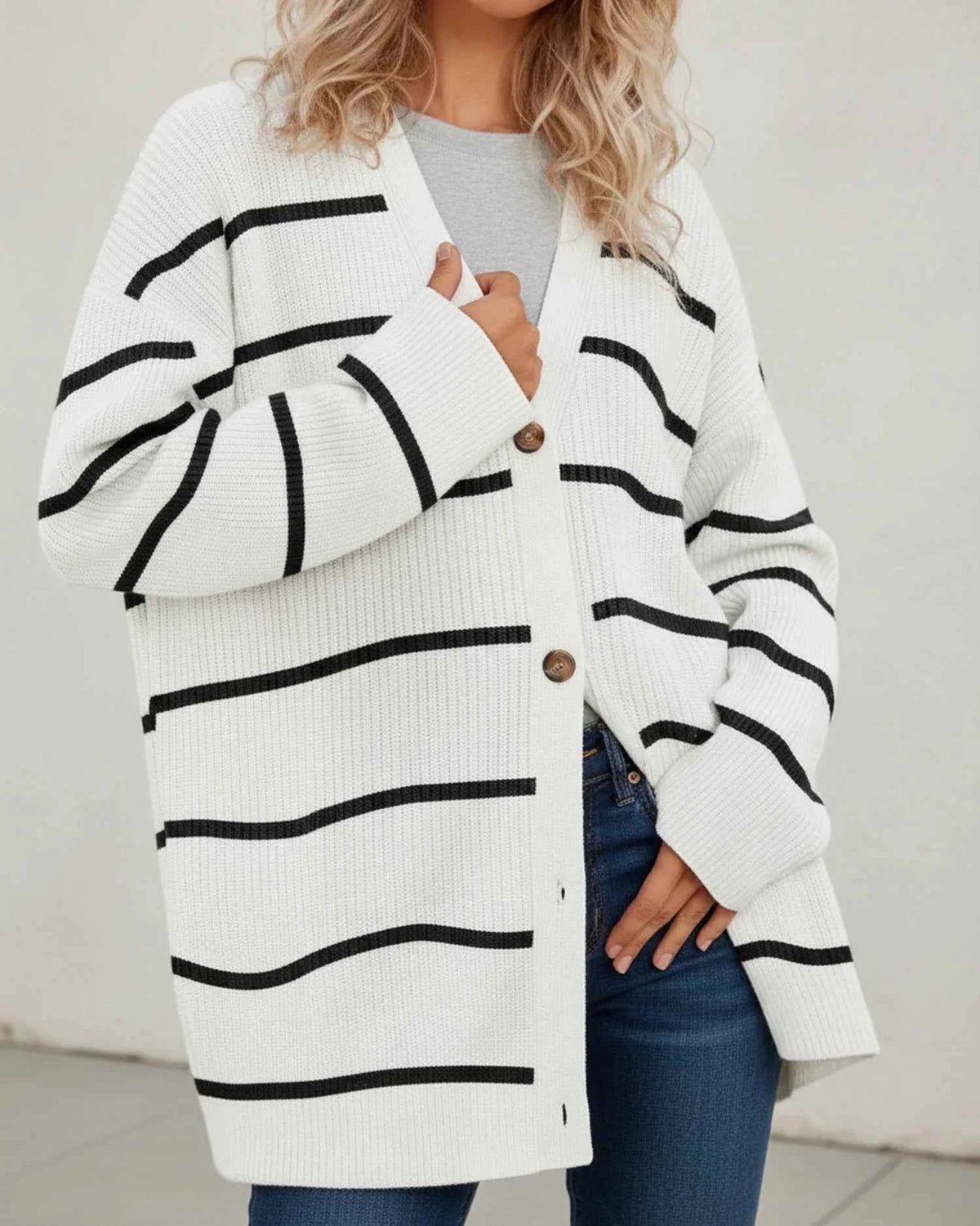 Women's Oversized V Neck Button Front Acrylic Knit Cardigan White Striped
