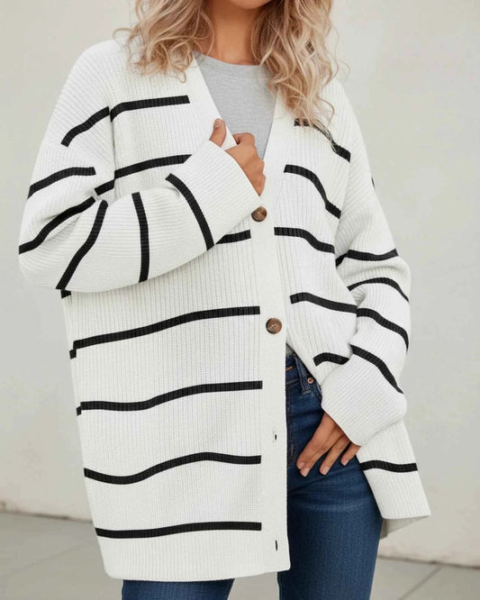 Women's Oversized V Neck Button Front Acrylic Knit Cardigan White Striped