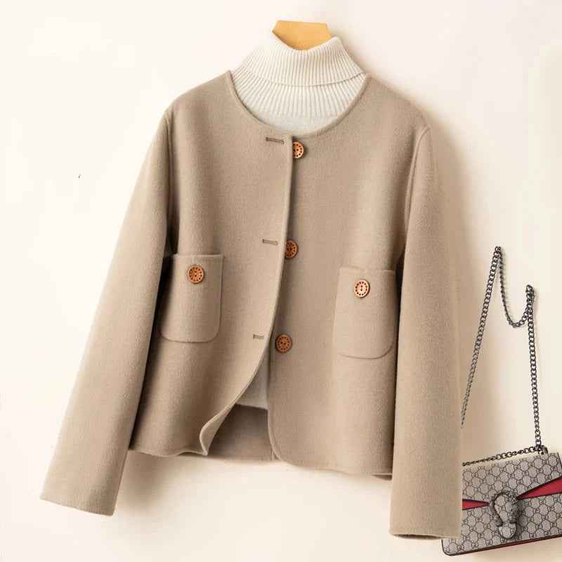 Women's Relaxed Woolmix Cropped Jacket – Collarless Round Neck with Large Pockets Beige