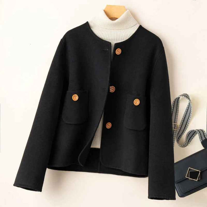Women's Relaxed Woolmix Cropped Jacket – Collarless Round Neck with Large Pockets Black
