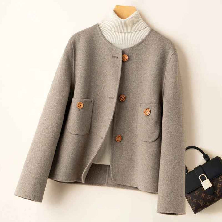 Women's Relaxed Woolmix Cropped Jacket – Collarless Round Neck with Large Pockets Brown