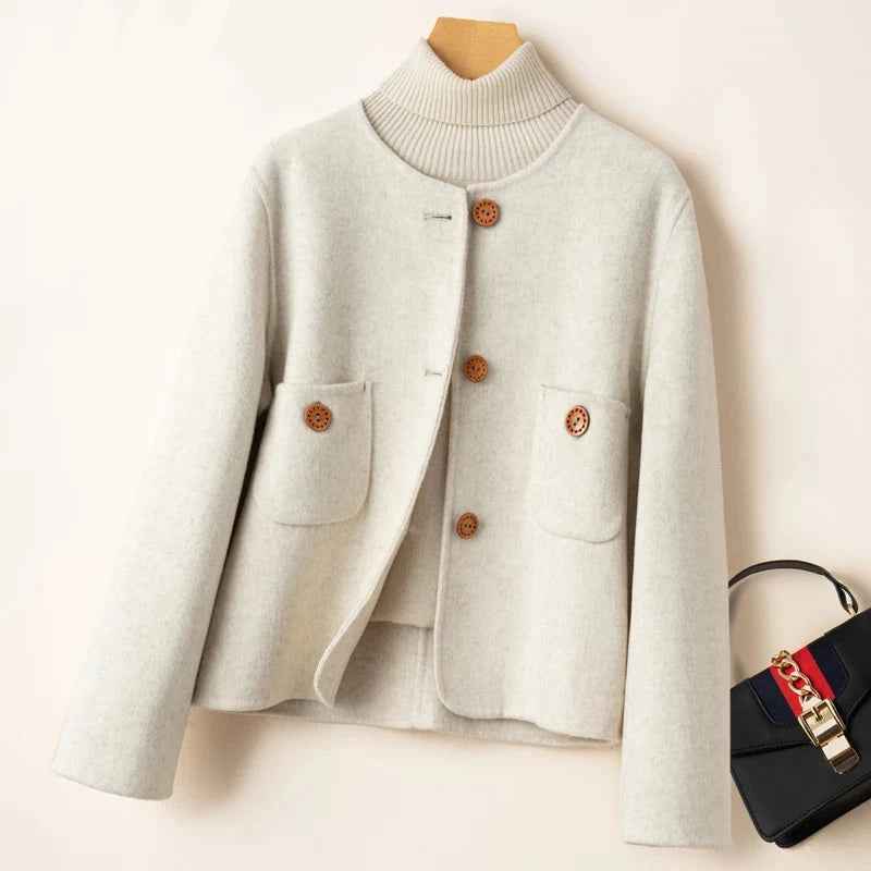 Women's Relaxed Woolmix Cropped Jacket – Collarless Round Neck with Large Pockets Ivory