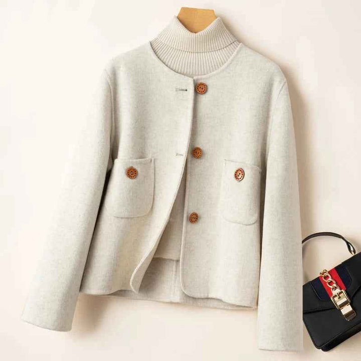 Women's Relaxed Woolmix Cropped Jacket – Collarless Round Neck with Large Pockets Ivory