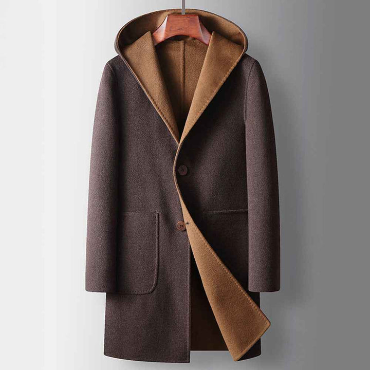 Women's Reversible Hooded Coat with Button Front and Patch Pockets Yellow Brown