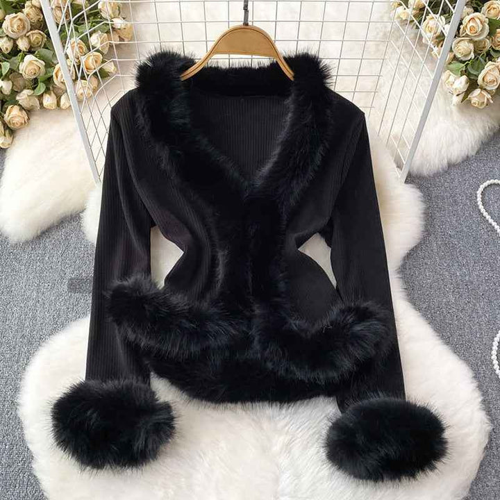 Women's Ribbed Cropped Cardigan with Fur Trim Black