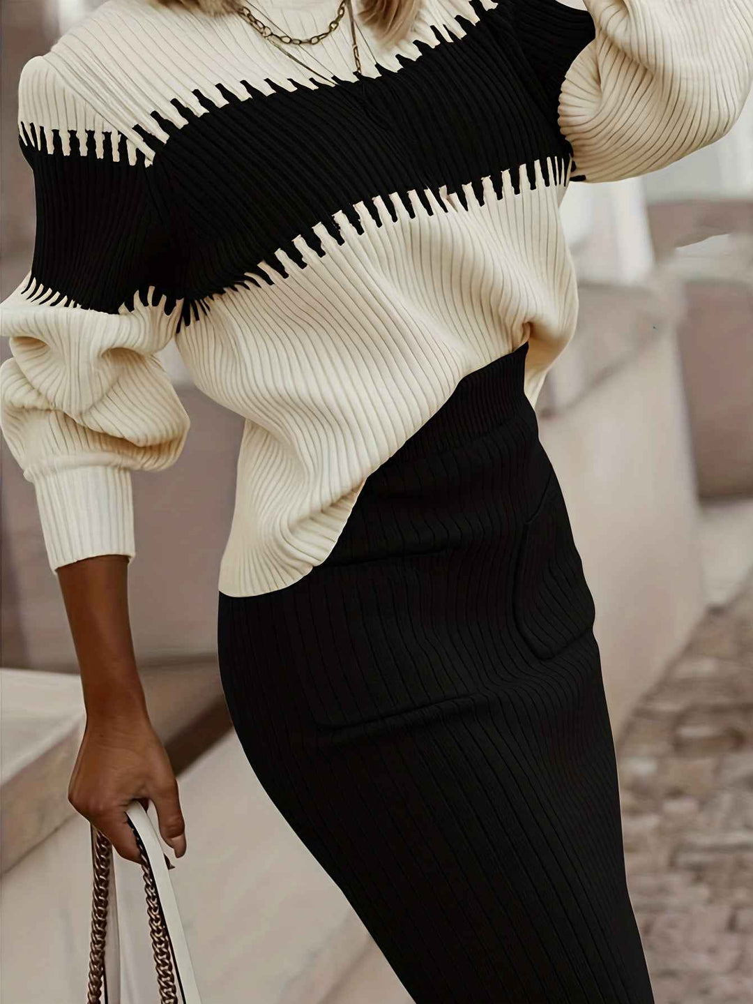 Women's Ribbed Twinset: Knitted Sweater & Pencil Skirt - Long Sleeve Comfort Fit