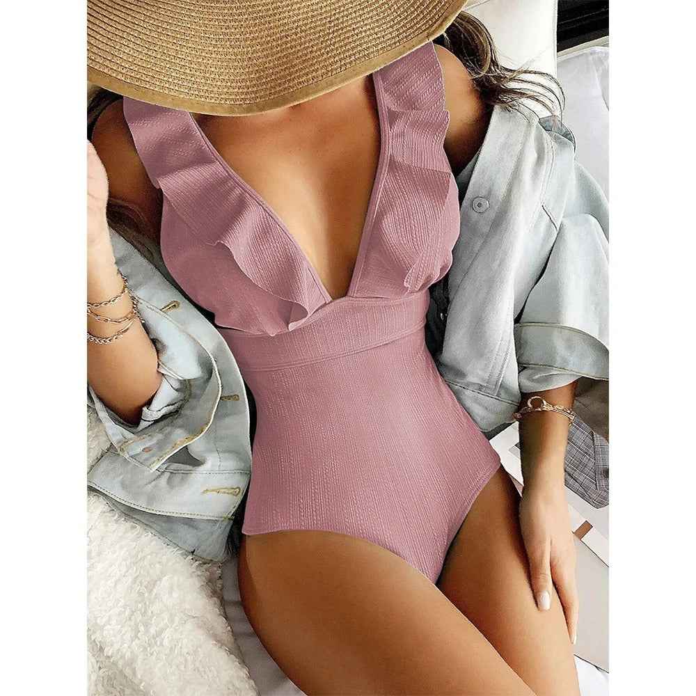 Women's Ribbed V-Neck Swimsuit Green