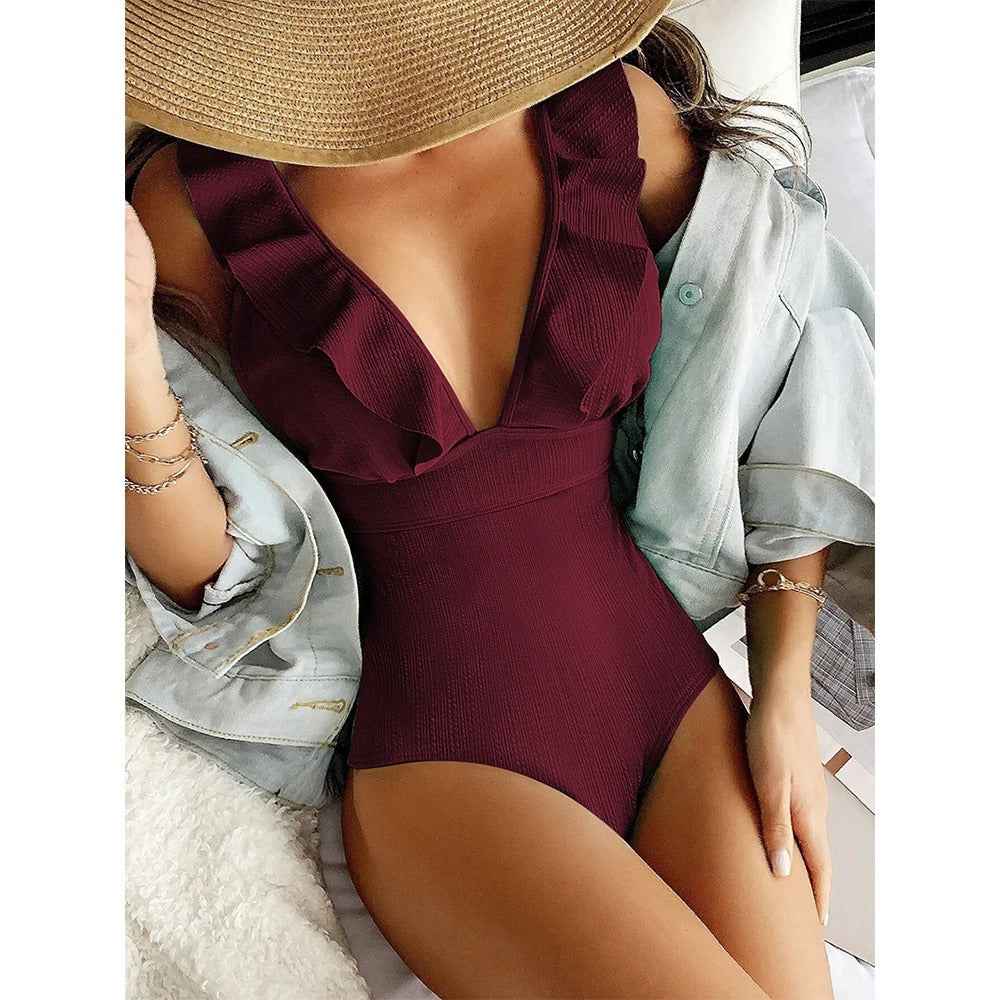 Women's Ribbed V-Neck Swimsuit Burgundy