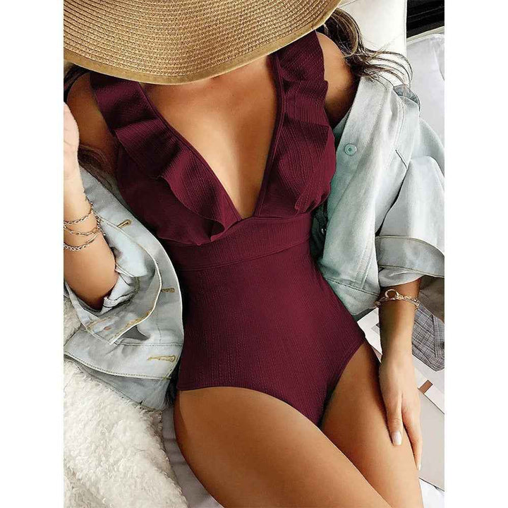 Women's Ribbed V-Neck Swimsuit Burgundy