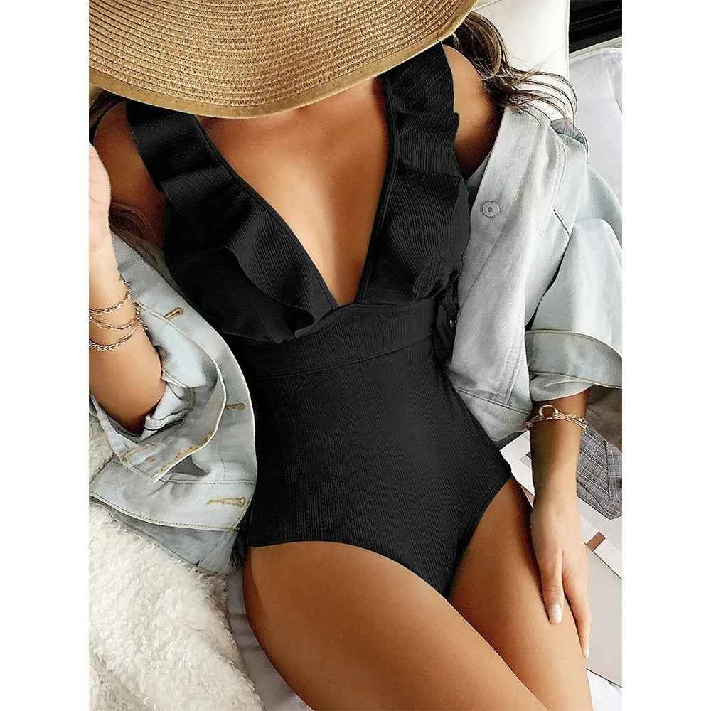 Women's Ribbed V-Neck Swimsuit Black