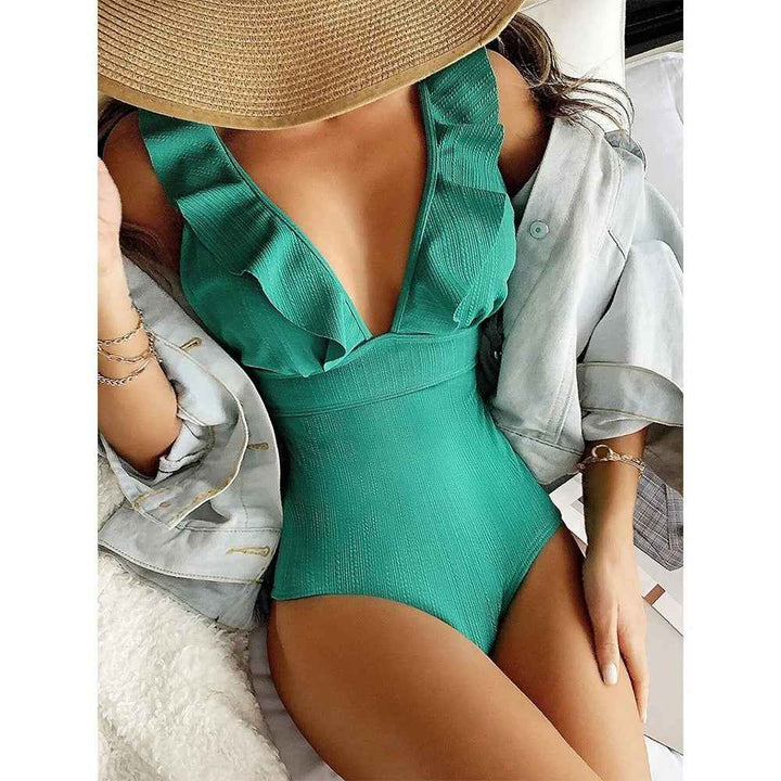 Women's Ribbed V-Neck Swimsuit Turquoise