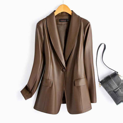 Women's Leather Blazer Tailored Fit Button Closure Brown Winter Tanned Brown