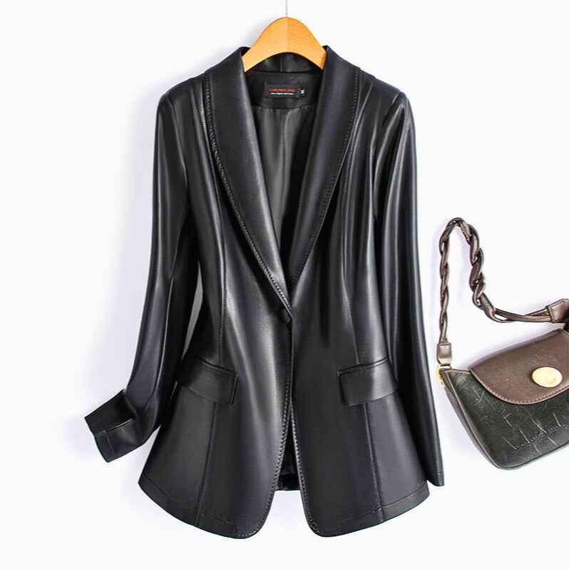 Women's Leather Blazer Tailored Fit Button Closure Brown Winter Black