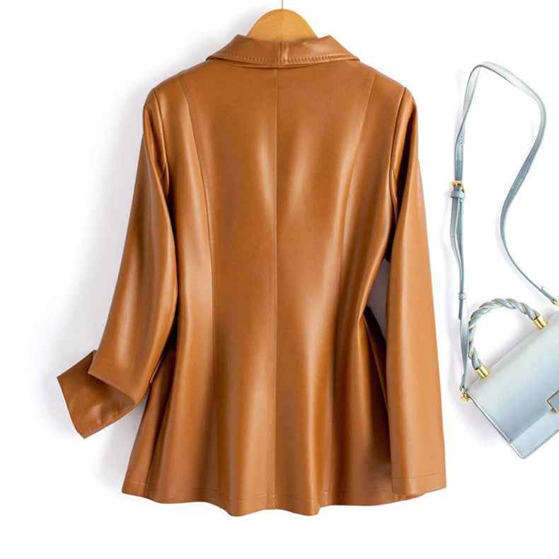 Women's Leather Blazer Tailored Fit Button Closure Brown Winter