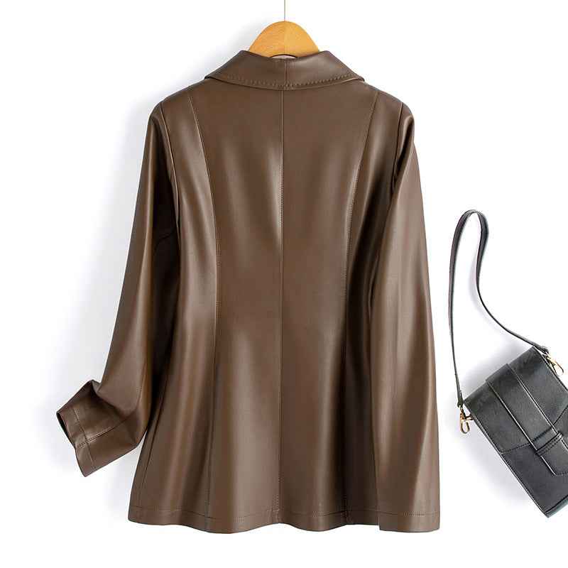 Women's Leather Blazer Tailored Fit Button Closure Brown Winter