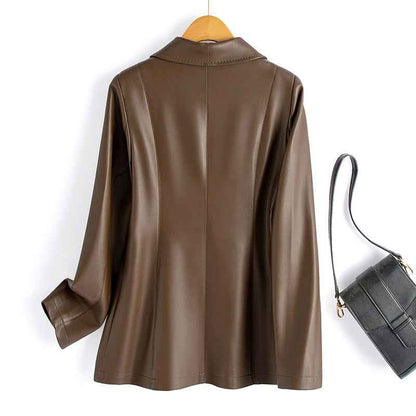 Women's Leather Blazer Tailored Fit Button Closure Brown Winter