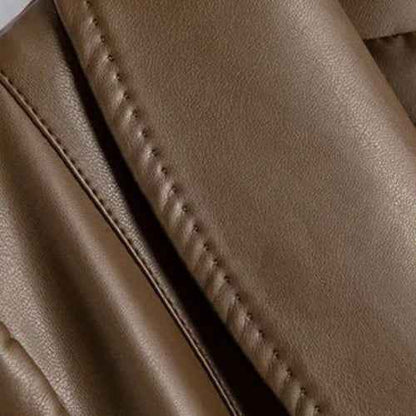 Women's Leather Blazer Tailored Fit Button Closure Brown Winter