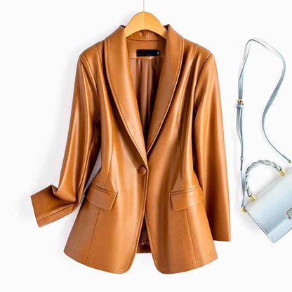 Women's Leather Blazer Tailored Fit Button Closure Brown Winter Brown