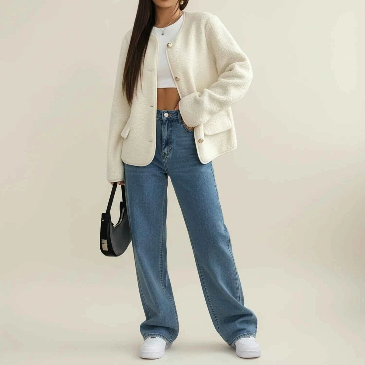 Women's Relaxed Fit Long Sleeve Button Pocket Acrylic Cardigan