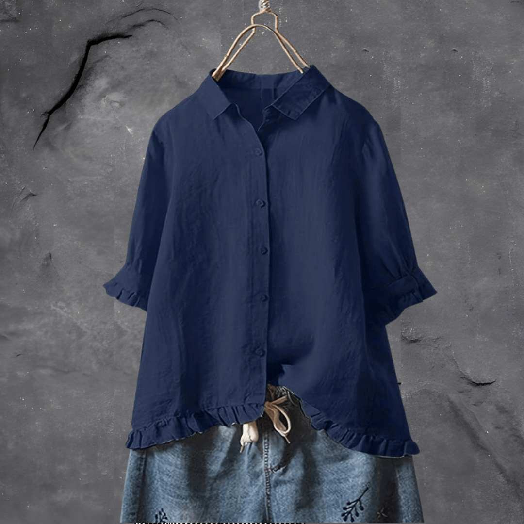 Women's Ruffled Button-Down Blouse Navy Blue