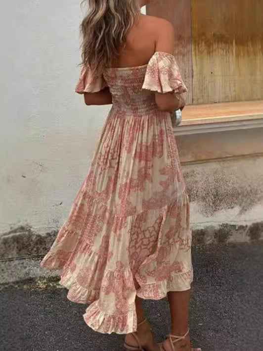 Women's Ruffled Off-Shoulder Midi Dress – Cotton Blend – Smocked Top – Layered Skirt