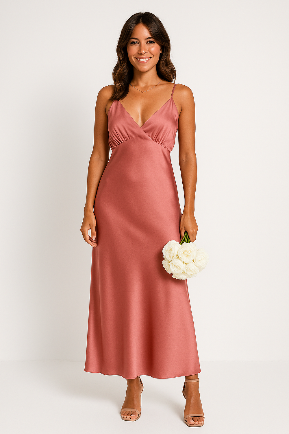 Women's Satin Look Evening Dress – Slim Fit, Sleeveless, Backless, V-Neck with Split Pink