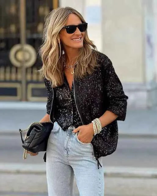 Women's Sequin Glamour Coat - Feline Style Black