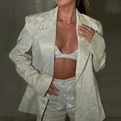 Women's Sequined Oversized Blazer Suit Set with High Waist Straight
