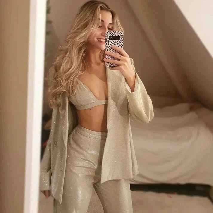 Women's Sequined Oversized Blazer Suit Set with High Waist Straight