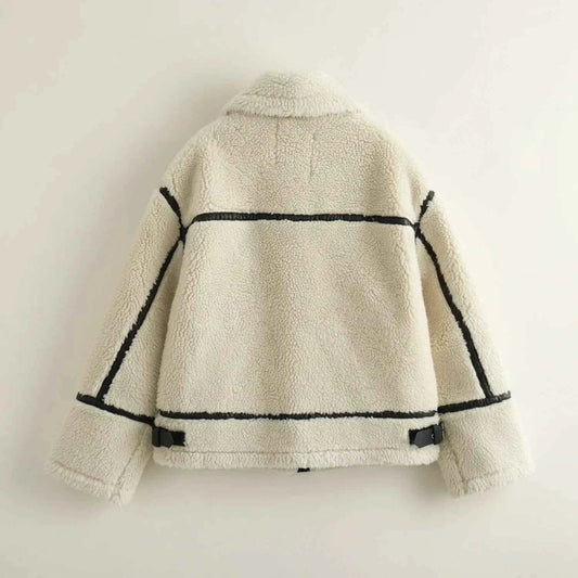 Women's Sherpa Aviator Faux Leather Trim Zip Up Winter Jacket