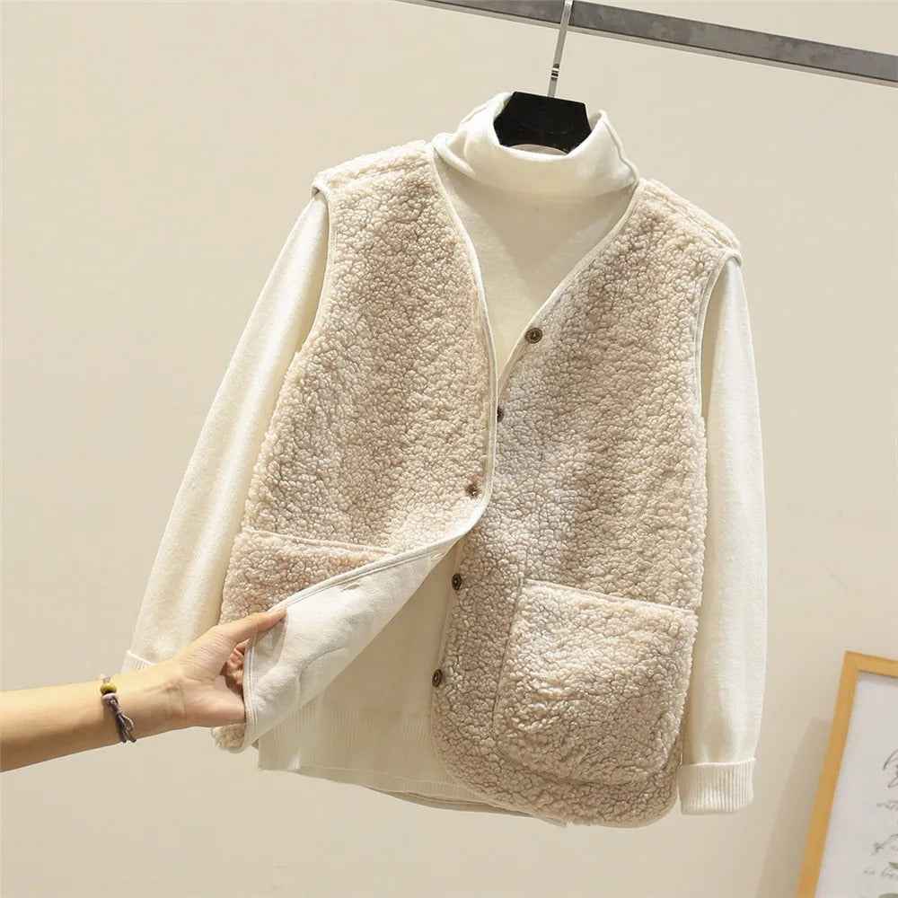 Women's Sherpa Fleece Gilet - Relaxed Fit with Buttons - Casual Layering Essential Off-white