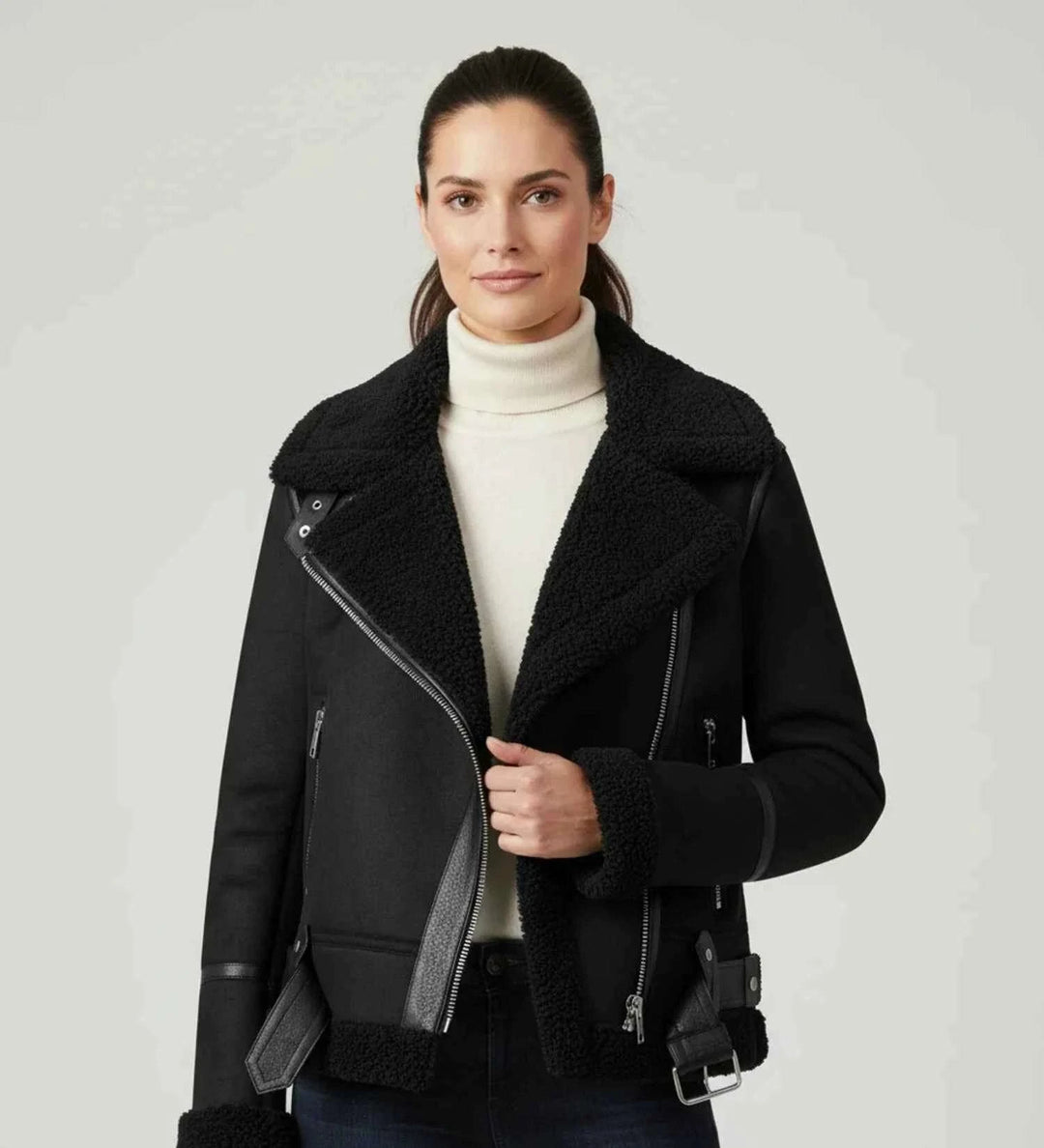 Women's Short Shearling Aviator Jacket Black