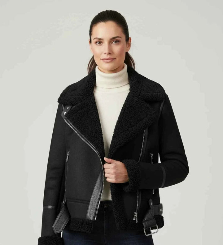 Women's Short Shearling Aviator Jacket Black