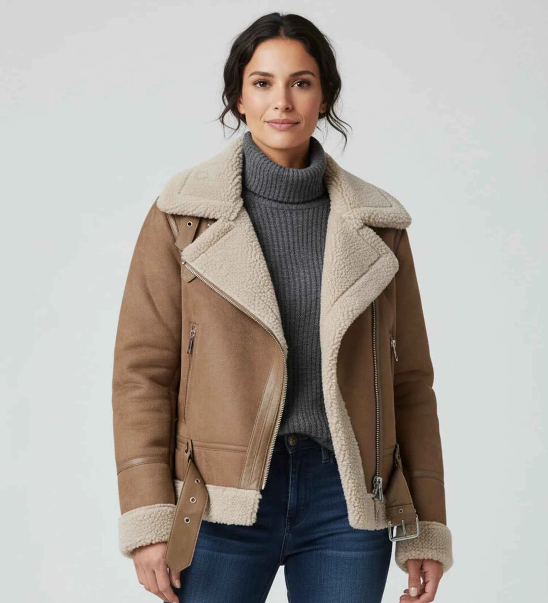 Women's Short Shearling Aviator Jacket Brown