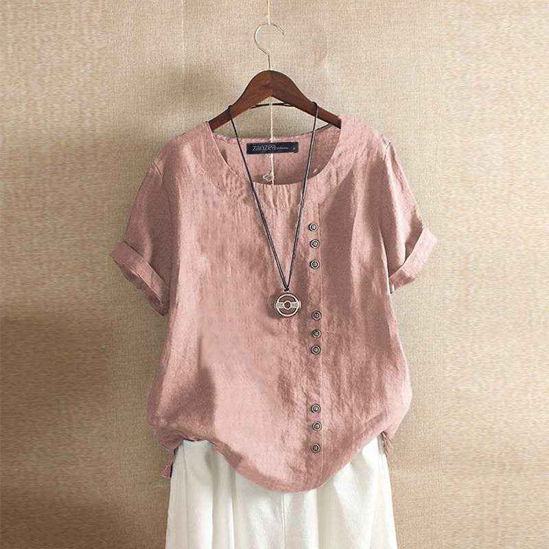 Women's Short Sleeve Button-Up Linen Blouse Pink